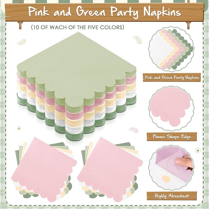 Zhehao 150 Pcs Pink and Green Plates and Napkins Tableware Serves 50 Includes 9 Inch 7 Inch Pink and Sage Scalloped Paper Plate and Napkins for Wedding Birthday Baby Shower Party