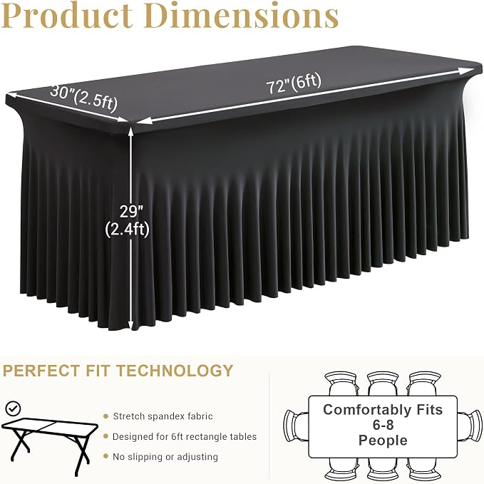 Black Spandex Table Cloths for 6 Foot Rectangle Tables, 2 Pack Wrinkle Free Fitted Table Cover 6ft Tablecloth Stretchy Table Skirt for Parties Weddings Banquet Birthday Baby Shower