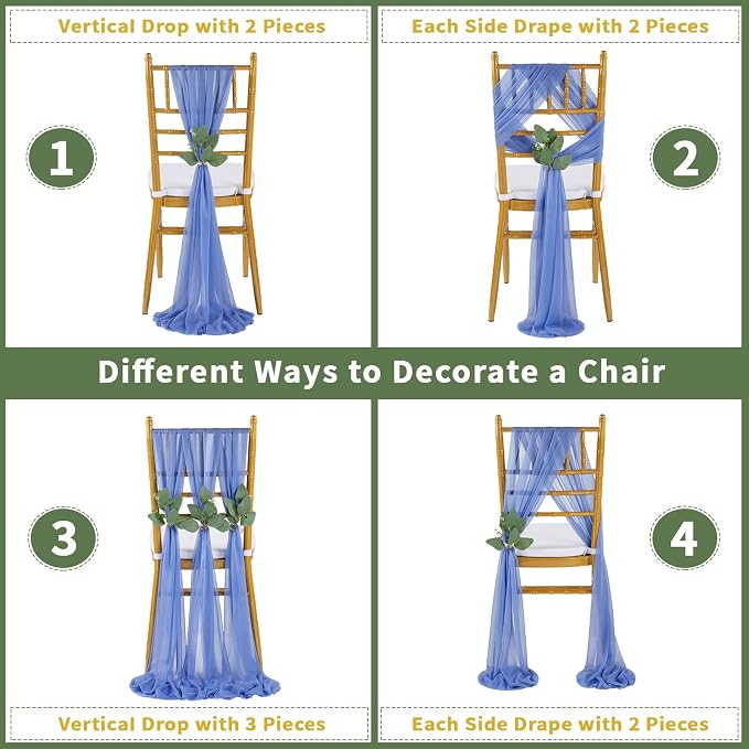 QueenDream Dusty Blue Chair Sashes Decorations: 16 Packs Wedding Aisle Draping Fabric Wedding AisleSheer Church Chair Cover Bulk for Baby Shower Party Banquet