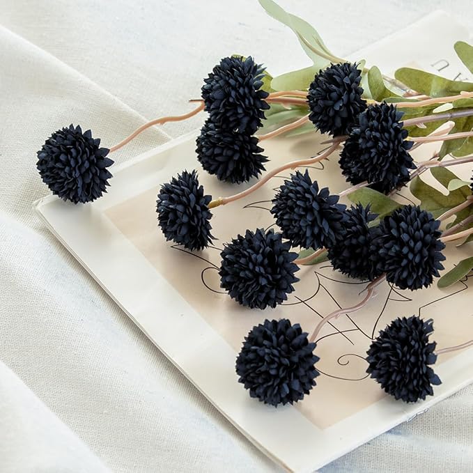Laelfe Black Kiku Artificial Flower - 5 Pcs Fake Pompon Mums Silk Small Chrysanthemum Faux Ball Flower Stem Decor for Home Wedding Filler DIY Bouquet Centerpieces Arrangements Shower(Black)