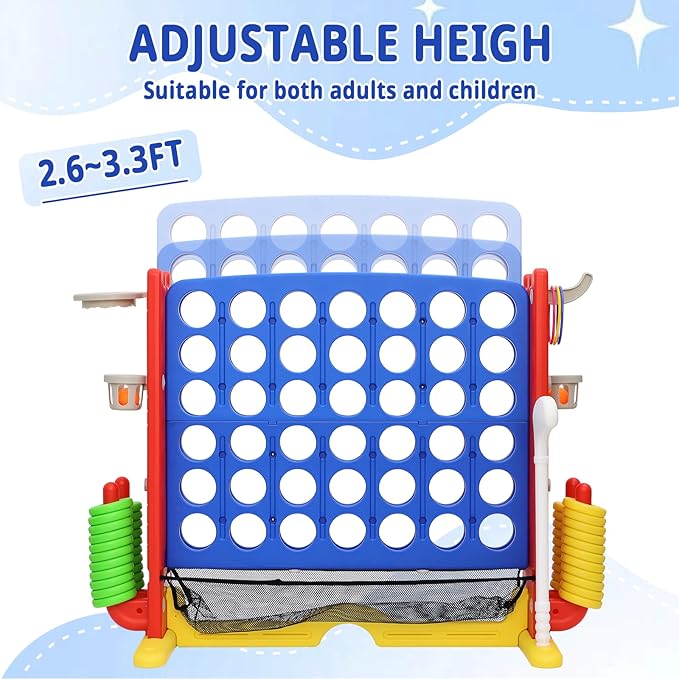 Giant 4-in-A Row Connect Game Set, Height Adjust Jumbo Yard Game for Kids & Adults w/Mesh Catching Bag, Basketball Hoop, Ring Toss & Mini Golf, Family Party 4-to-Score Indoor/Outdoor Games