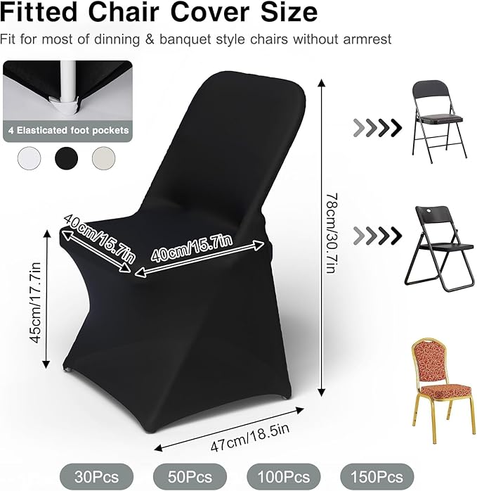 30 PCS Black Folding Chair Covers for Party Spandex Stretch Chair Cover Durable, Washable Slipcovers, Universal Fit for Weddings, Dining, Events Decor