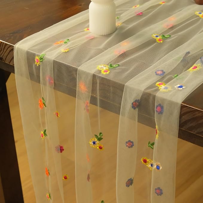 Set of 1 Flower Table Runner 10ft, 29 * 120 Inch Champagne Table Cloth Sheer Tulle Table Cover,Embroidery Daisy Table Runner for Wedding Party Baby Shower Birthday Home Decor