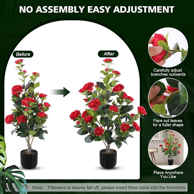 Hananona 2 Pcs Artificial Camellia Trees Faux Camellia Plant in Pot with Flowers Indoor Plants for Spring Home Decor Outdoor Porch Front Door Decor (Red, M)