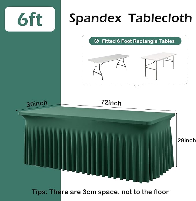 4 pk Hunter Green Spandex Tablecloth for 6 Foot Rectangle Tables, Wrinkle Free Fitted Spandex Table Covers 6ft Green Stretch Table Cloths with Ruffle Skirt for Parties Weddings Banquet Baby Shower