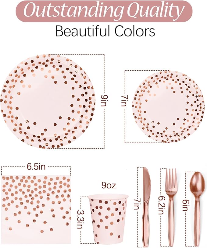 224 Pieces Party Supplies, Pink and Rose Gold Dots Party Plates Cups and Napkins Sets with Plastic Knives forks spoons, Disposable Tableware Serves 32 Sets for Wedding, Birthday, Graduation, Festivals