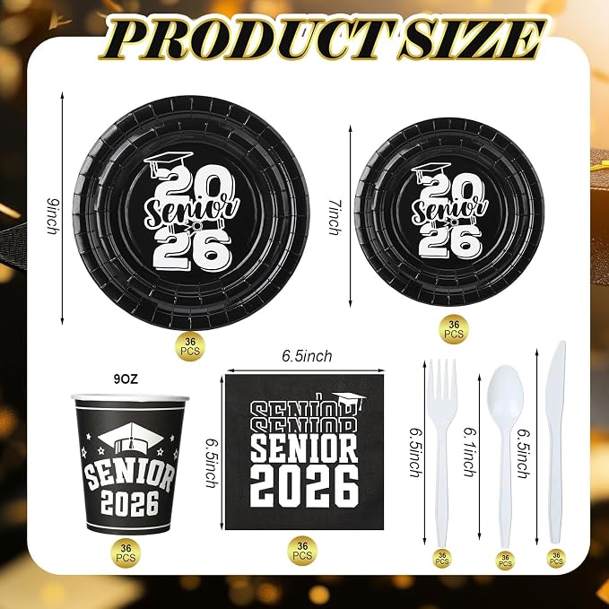 Yungyan 252 Pcs Senior 2026 Graduation Party Tableware Set Black and White Class of 2026 Grad Paper Plates Napkins Cups Forks Knives Cutlery for Graduate Party Decorations Supplies,Serve 36