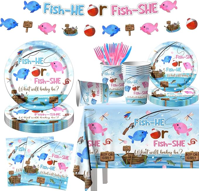 GREHUMOR Gone Fishing Gender Reveal Party Tableware 142Pcs Fish She or Fish He Gender Reveal Disposable Tablecloth,Plates,Napkins,Cups,Forks and Knives for Baby Shower Decoration of Gender Reveal