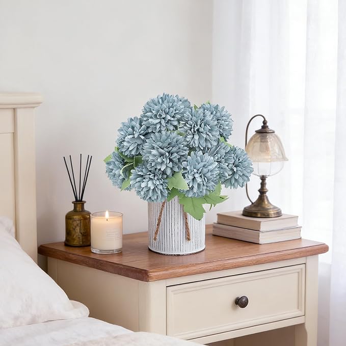 Pre-Made Flower Table Centerpieces, Set of 6 Artificial Silk Chrysanthemum with Farmhouse Metal Vases for Wedding, Birthday Parties, Home, Dining Table Decorations - Dusty Blue