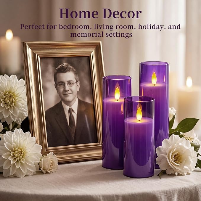 Homemory Purple Battery Operated Flameless Candles with Remote and Timer, Flickering LED Pillar Candles, Acrylic Decorative Candles for Home Decor, Weddings, Parties and Holidays, 9 Pack