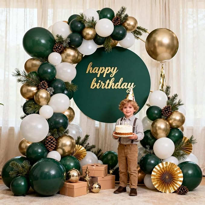 Emerald Green White Gold Balloon Arch Kit, Double Stuffed Dark Green Balloons Hunter Forest Green Chrome Gold Pearl White Sand Ivory Balloons for Wedding Birthday jungle Safari Party Decorations