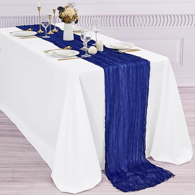 10 Pcs Royal Blue Cheesecloth Table Runner 10FT, Gauze Table Runner for Wedding Reception Sheer Bridal Shower Birthday Party Boho Table Decoration, Rustic Romantic Wedding Runner