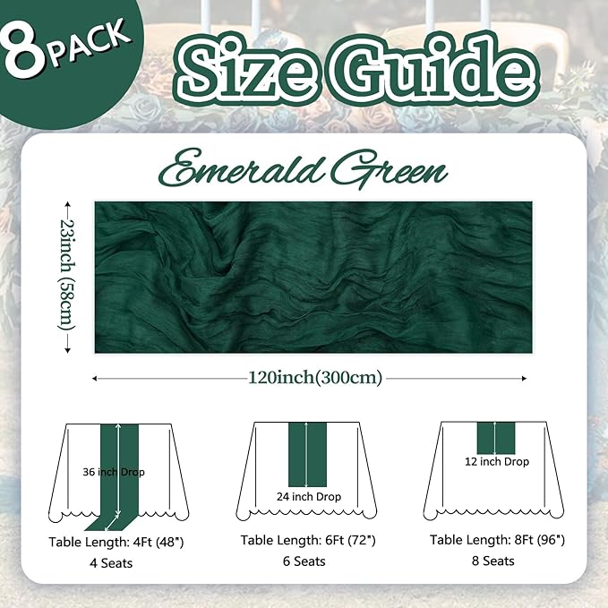8 Pack Emerald Green Cheesecloth Table Runner 10ft Boho Gauze Fabric 120 Inch Cheese Cloth Table Runner Rustic Sheer for Holiday Baby Shower Party Décor Home Wedding Decoration