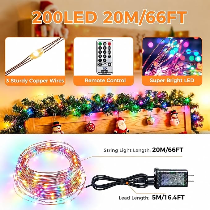 btfarm Fairy Lights Plug in with Remote, 66FT 200 LED Outdoor Twinkle Lights Waterproof with Timer, 8 Modes Indoor String Lights for Bedroom Patio Garden Wedding Christmas Decoration, Multicolor