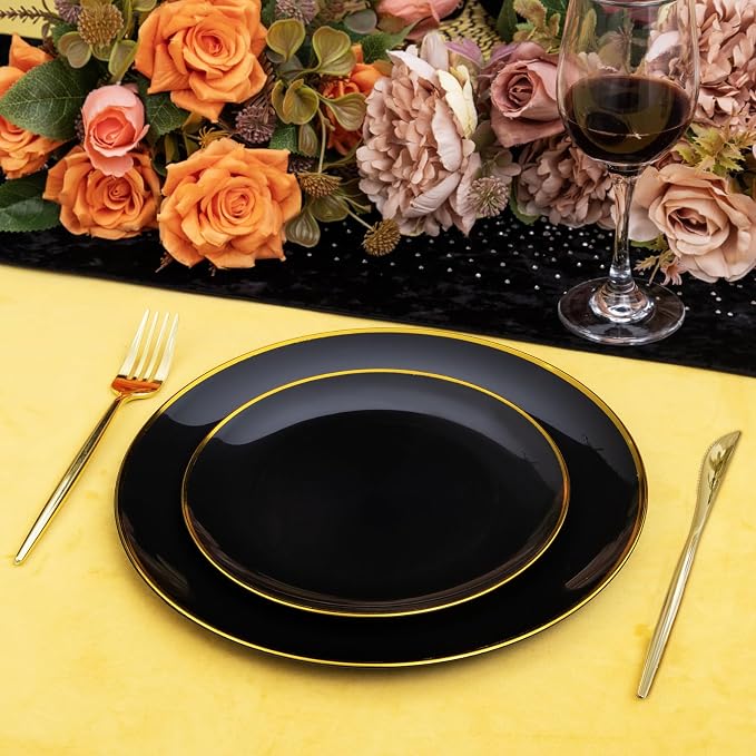 ejonirinjonir EI 180pcs Black Plastic Plates Black and Gold Disposable Plates Gold Plastic Dinnerware Set Silverware and Cups for Birthday,Wedding,Festival,Party,Graduation Decorations,Business Event