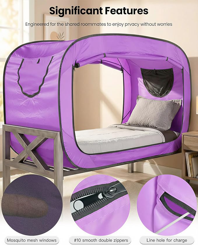 ANC POP Bed Tent Twin Bed Canopy Portable Dream Tent for Adult Indoor Sleeping Tents with 2 Doors Breathable Private Space Tents, Violet