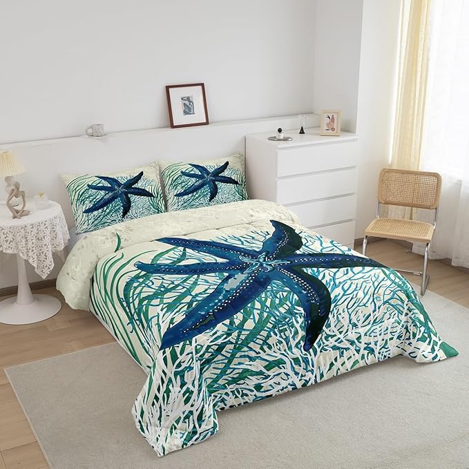 Feelyou Starfish Beach Comforter Set King Size Kids Summer Theme Comforter for Boys Girls Teens Marine Themed Bedding Set Underwater Animal Duvet Set Ocean Creature Quilt