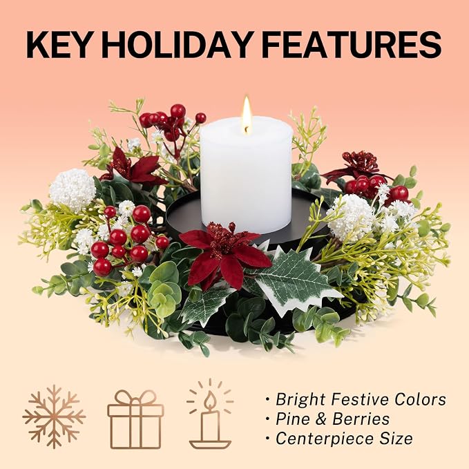 MOYEE Christmas Winter Centerpieces for Tables Candle Ring, Black Metal Candlestick with an Artificial Wreaths 14 in Versatile Dining Table Centerpiece Decor (White Ball Wreath)