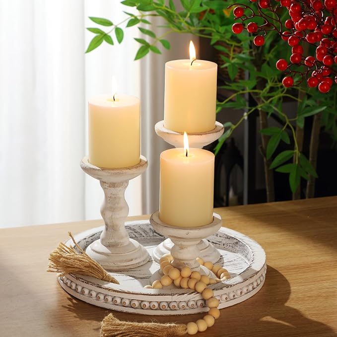 Reallnaive 8 Pcs Farmhouse Wood Candle Holders with Pillar Candles Set Wooden Rustic Candle Holders Round Decorative Serving Tray Bead Garland with Natural Wood Tassels for Table Centerpiece(White)