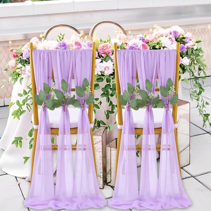 QueenDream Light Purple Chair Sashes 24 Pieces Sheer Chairs with Artificial Eucalyptus Designed Decorative Soft Chair Covers for Wedding Aisle Chairs Decoration