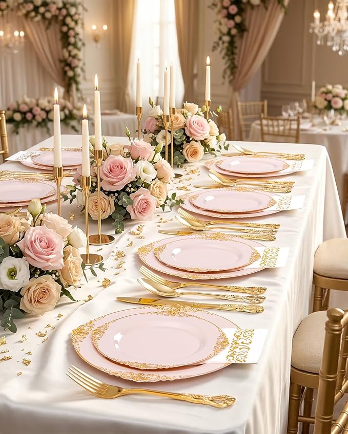 Ciaell 300PCS Pink and Gold Plastic Plates - Pink Disposable Dinnerware Sets for 50 Guests - 100 Plates, 50 Knives, 50 Forks, 50 Spoons, and 50 Napkins for Wedding, Party & Mother's Day