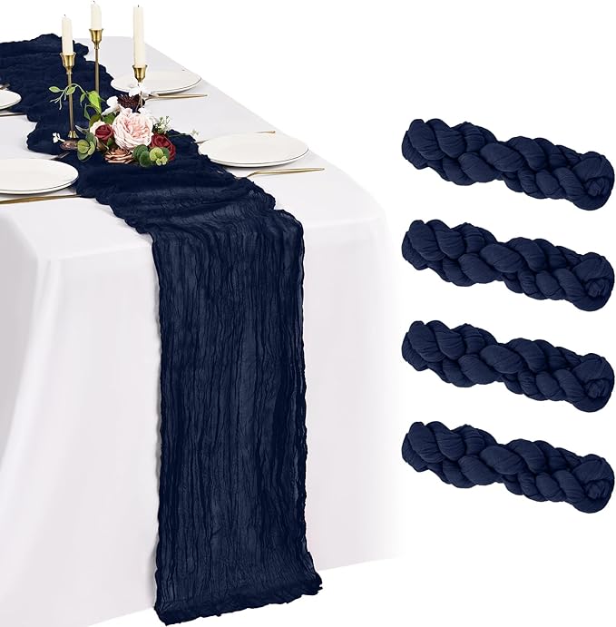 4 Pack Cheesecloth Table Runner 10FT Navy Blue Table Runner Boho Gauze Cheese Cloth Table Runners Long Rustic Sheer Table Decorations for Wedding Party Baby Bridal Shower Birthday Holiday Home