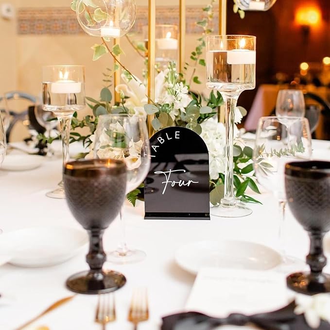 Black Arch Wedding Table Numbers 1-25 with Stands, 5x7 Inch Black Acrylic Arch Sign with Holder, Arched Acrylic Table Numbers for Wedding Reception