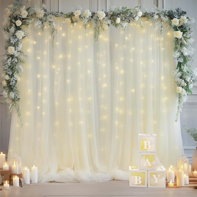 30x8ft Ivory Tulle Backdrop Curtain with Lights String for Parites, Sheer Backdrop Curtains for Wedding Baby Shower Birthday Party Photo Shoot Decorations
