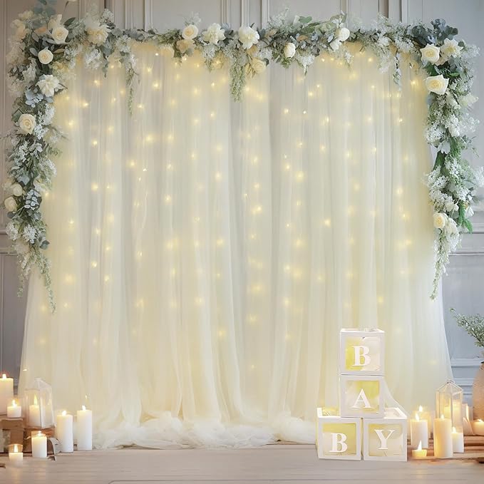 20x8ft Ivory Tulle Backdrop Curtain with Lights String for Parites, Sheer Photo Backdrop Curtains with Lights for Wedding Backdrop Ceremony Reception Bridal Shower Baby Shower Birthday Party