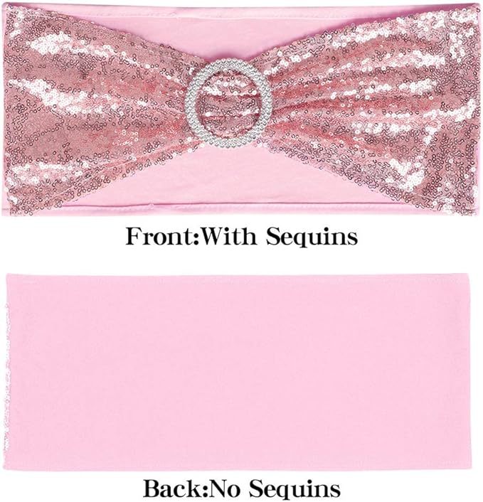 Pack of 50 Chair Sashes Sequin Stretchy Spandex Bands Decorative Bows One-Sided Sequins Decor for Romantic Wedding Party Home Chair Cover Sash Decorations - Rose Gold