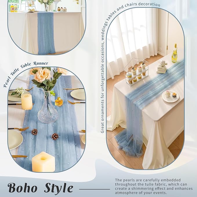 Pearl Table Runner 29 x 120 Inch Tulle Fabric Lace Table Runners for Bridal Shower Birthday Party Wedding Arch Dessert Table Decor(1 Pack, Dusty Blue)