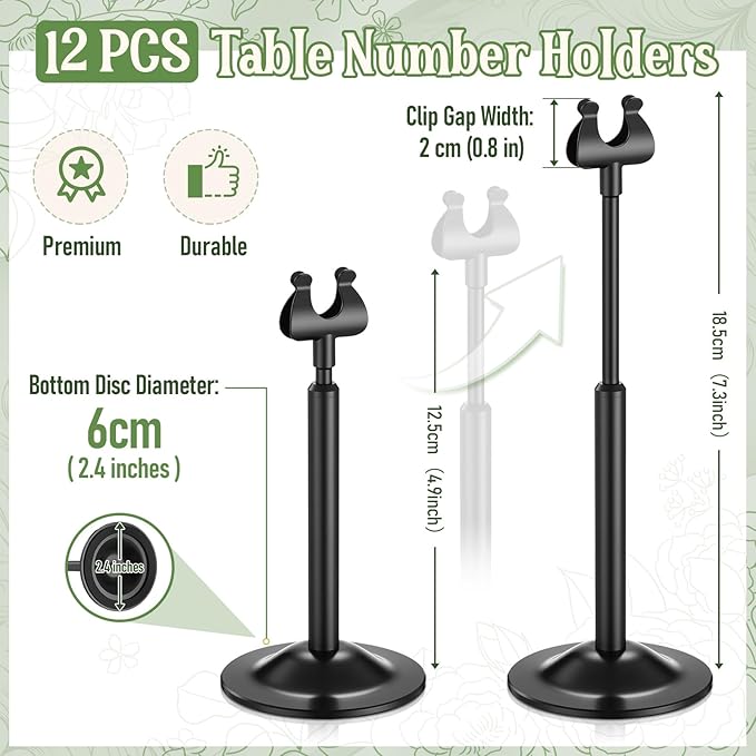 Kathfly Black 12 Set Table Number Holders Adjustable Metal Place Card Holders Harp-clip Tabletop Sign Stands Detachable Card Holder for Weddings Birthday Restaurants Table Decor (4.9-7.3 Inch)