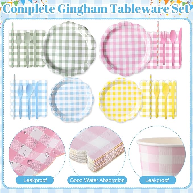 450 Pcs Gingham Tableware Set Decorations Pastel Plaid Paper Plates Napkins Cups Cutlery Straws Checkered Dinnerware Set for Baby Shower BBQ Picnic Birthday Party Supplies, Serves 50