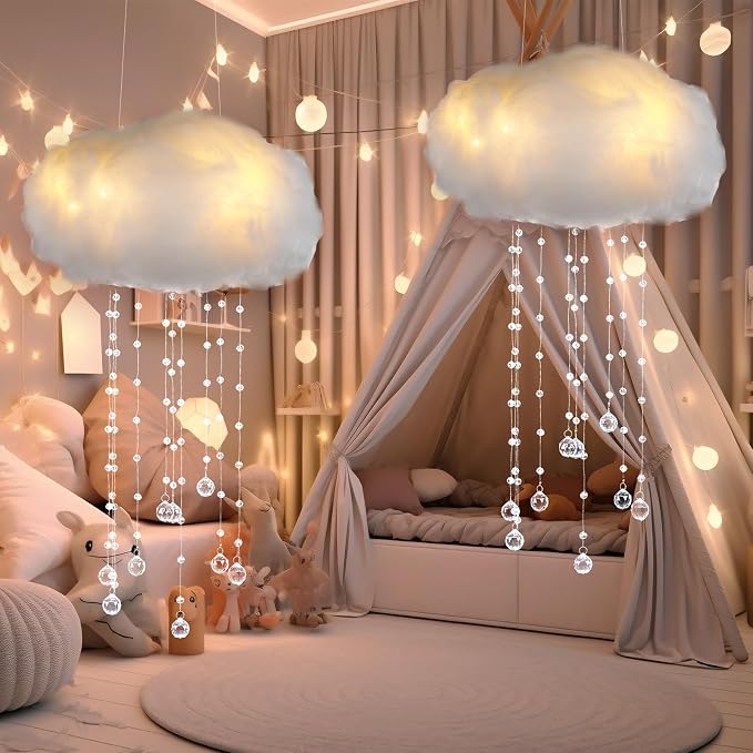 Marsui Artificial Cloud Props LED Hanging Cloud Light String Fake Imitation 3D Cotton Classroom School Decor Raindrop for Room Ceiling Baby Shower Party Wedding Nursery Classroom Wall DIY Decor(2 Pcs)