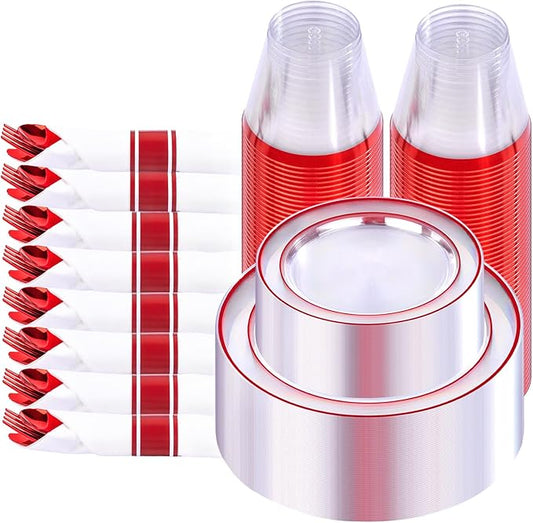 I00000 210 Pcs Red Plastic Dinnerware Set for 30 Guests Include: 30 Dinner Red Plastic Plates Disposable, 30 Dessert Party Plate, 30 Cups, 30 Per Rolled Napkins with Cutlery for Party