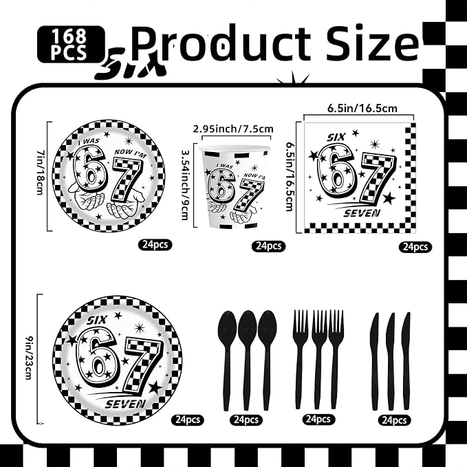 170Pcs 6 7 Birthday Decorations, Black White Checkered Themed Disposable Table Cover, and I Was 6 Now I'm 7 Seven Birthday Theme Party Tableware Set For 24 Guests