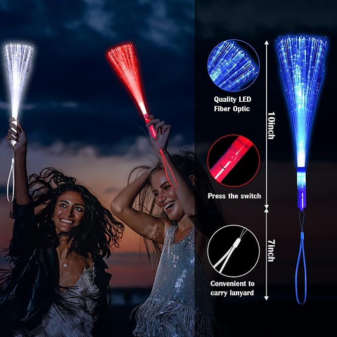 60 Pack Red Blue White Fiber Optic Wands Glow Fiber Wands Bulk LED Light Up Wands with 3 Flashing Modes LED Flashing Sticks for July 4th Halloween Christmas Hawaii Carnival Wedding Birthday