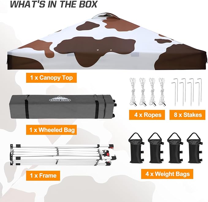 EAGLE PEAK Pop Up Canopy Tent with Wheeled Carry Bag, 8 Stakes, 4 Ropes, 4 Weight Bags, Easy Set Up Tent Canopy, 10x10 ft, 100sqft of Shade, Brown Cow Print