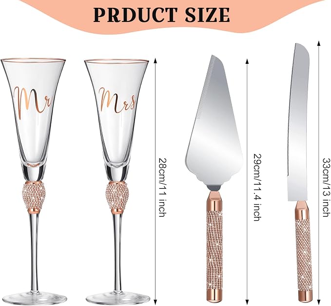 Boao 4 Piece Mr and Mrs Champagne Flutes and Cake Knife Server Set Crystal Wedding Toasting Flutes Rhinestone Cake Cutting Set for Bride and Groom Wedding Engagement Bridal Shower Gifts(Rose Gold)