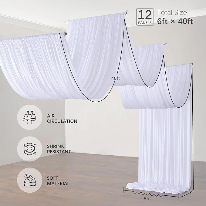60ftx40ft White Ceiling Curtain for Wedding Parties – 12 Panels Wrinkle-Free 40 FT Long Tent Draping Curtains for Wedding, Birthday & Theme Parties, 40ft Height with Rod Pocket