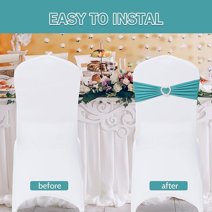 Howhic Pack of 120 Spandex Chair Sashes Bows Stretch Chair Cover Band with Buckle Slider Universal Elastic Chair Ties for Wedding Banquet Party Event Decoration (Turquoise)
