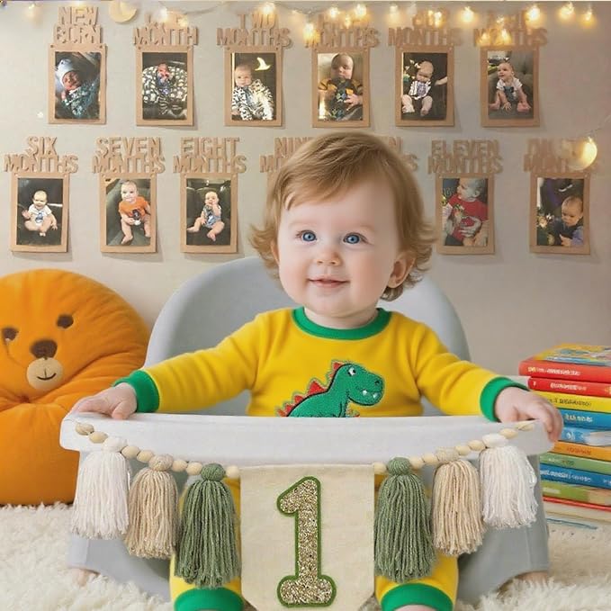 1st Birthday Highchair Banner Decorations Wild One High Chair Banner With Green Tassel Garland Crown Hat Wild One Cake Topper Baby Photo Banner Photoshoot Props Photo Props(Green)