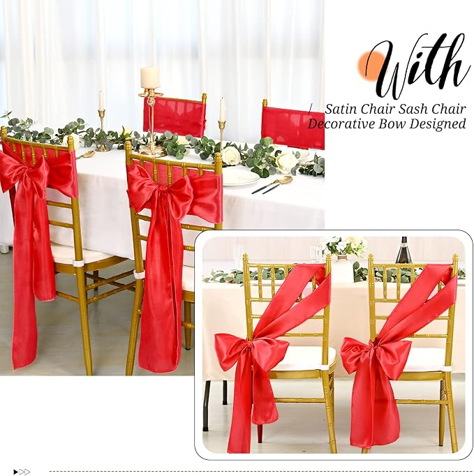 Pesonlook 60 PCS Red Satin Chair Sashes Bows Satin Chair Sashes Universal Chair Cover for Wedding Reception Restaurant Event Decoration Banquet,Party,Hotel Event Decorations (7 x 108 inch)