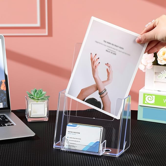 8 Pack 6x9 Acrylic Brochure Holder with Business Card Organizer, Clear Brochure Display Stand, Plastic Flyer Display Stand Holder for Business Card, Pamphlet, Booklets, Magazine, Journals