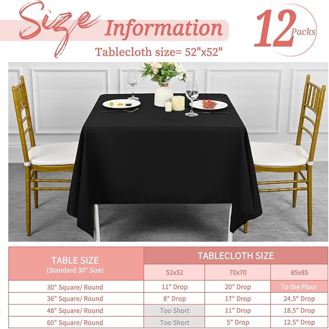 Showgeous 12 Pack Black Square Tablecloth 52 x 52 Inch, Wrinkle Resistant Washable Polyester Fabric Table Cloth for Wedding Dining Party Card Table