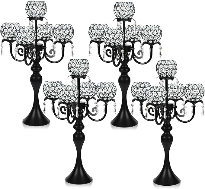 5 Arm Elegant Crystal Candle Holder,Candlestick for Wedding Table Centerpiece, 22 Inch Tall Candle Holder Table Candelabra Event Party Table Centerpiece,Home Decoration. (4, Black, Round Crystal)