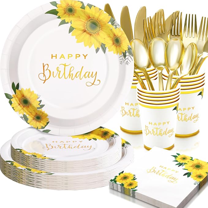 168Pcs Sunflower Birthday Decorations for Women Girls, Happy Birthday Plates and Napkins for Women, Sunflower Plates Serve 24, Yellow Party, Spring Summer Fall Easter Mothers Day