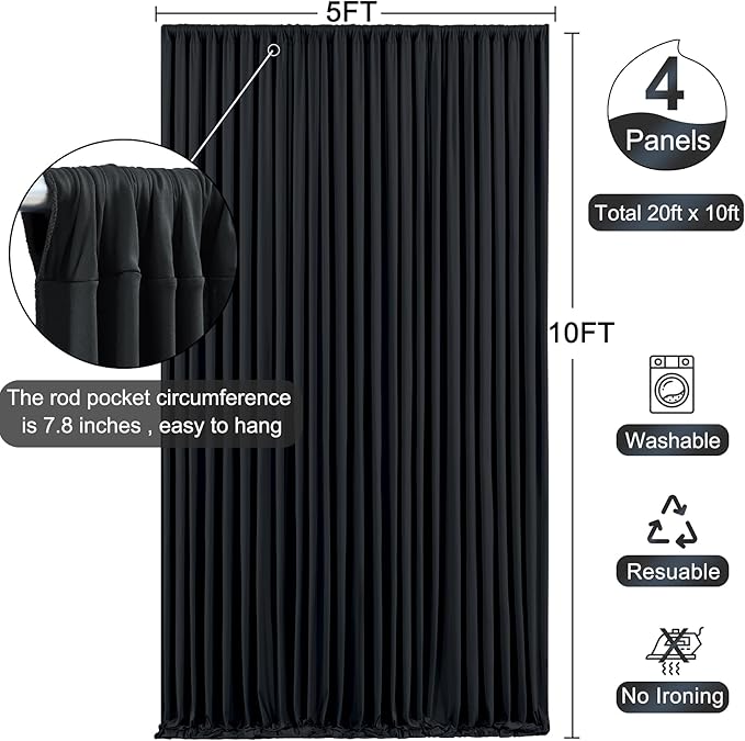 4 Panels Black Backdrop Curtain for Parties Wrinkle Free Black Photo Curtains Backdrop Drapes Fabric Decoration for Birthday Party Wedding 20ft(W) x 10ft(H)