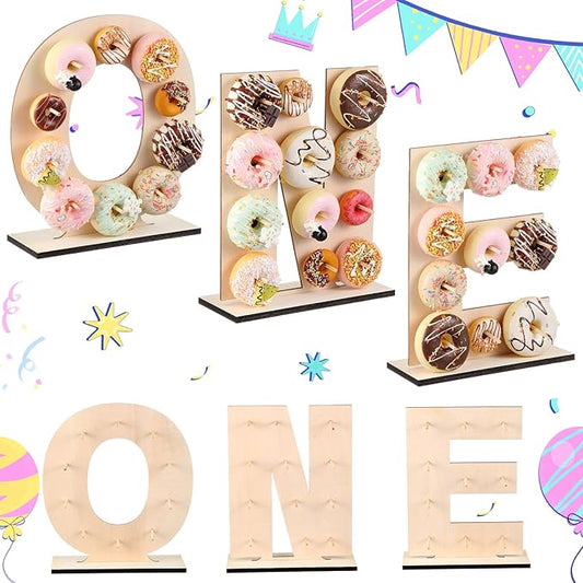 Colingmill One Letter Donut Stand Wooden Donut Wall Display Reusable Bagel Stand Holder Board for Wedding Birthday Party Baby Shower Anniversary Valentine Festival Dessert Table Decoration