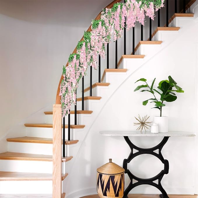 Findosom Wisteria Artificial Flowers Garland, 5Pcs Total 36FT Pink Wisteria Hanging Flowers, Flower Garland Decorations for Home Garden Outdoor Ceremony Wedding Arch Decoration